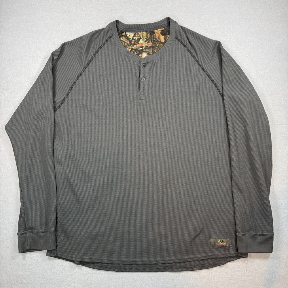 Mossy Oak Henley Shirt Mens 2XL Gray Waffle Thermal Hunting Base Layer Outdoors